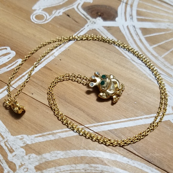 Whimsical gold rhinestone frog pendant necklace - Picture 2 of 5